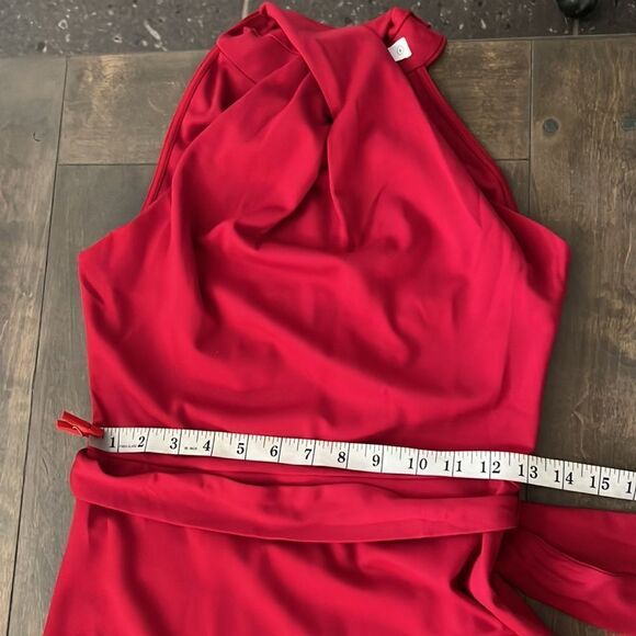 JASAMBAC Elegant Criss Cross Halter Neck Ruffle Hem Belted Bodycon Dress - Picture 12 of 14